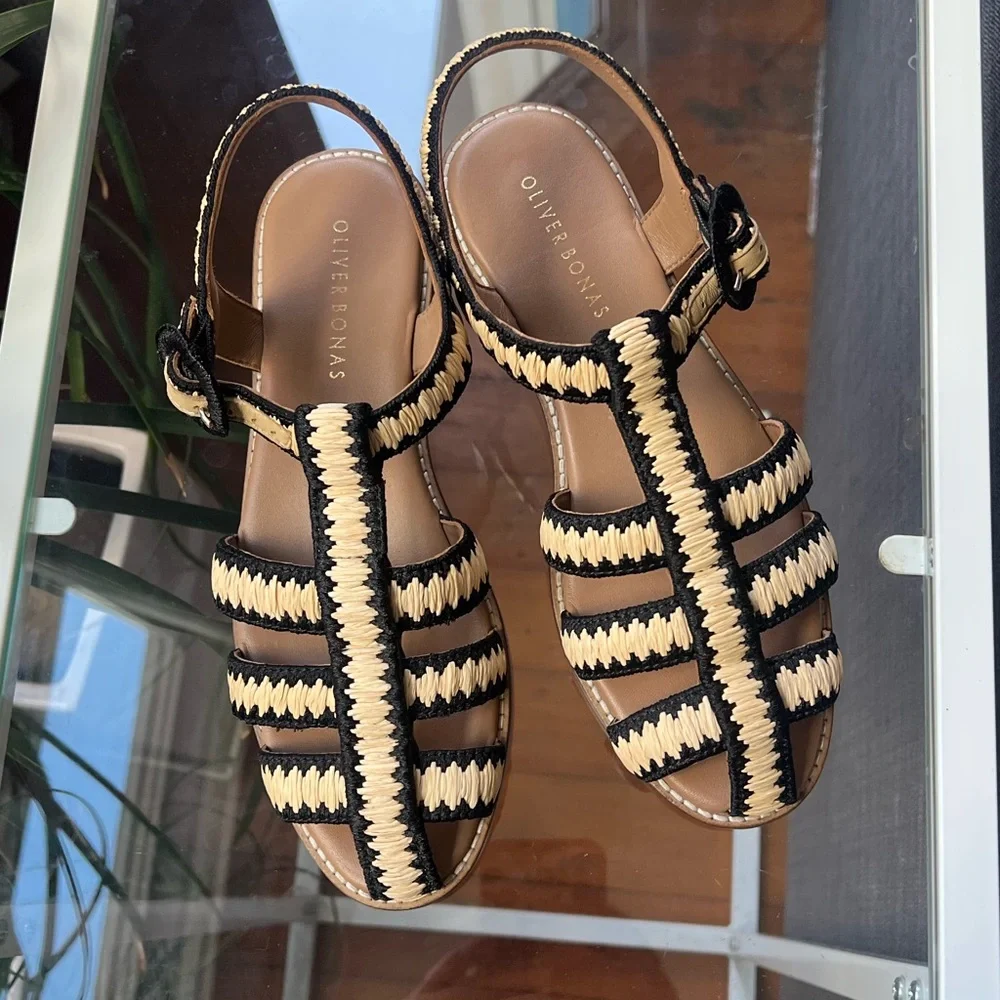 Oliver Bonas Black & Cream Woven Leather Sandals - Picture 5 of 5